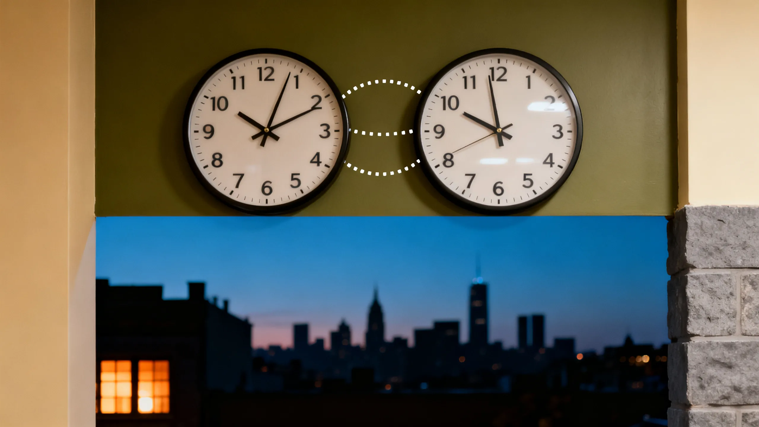 Two clocks over an evening skyline, one hour apart, marking the Greece Powerball draw for South Africa.