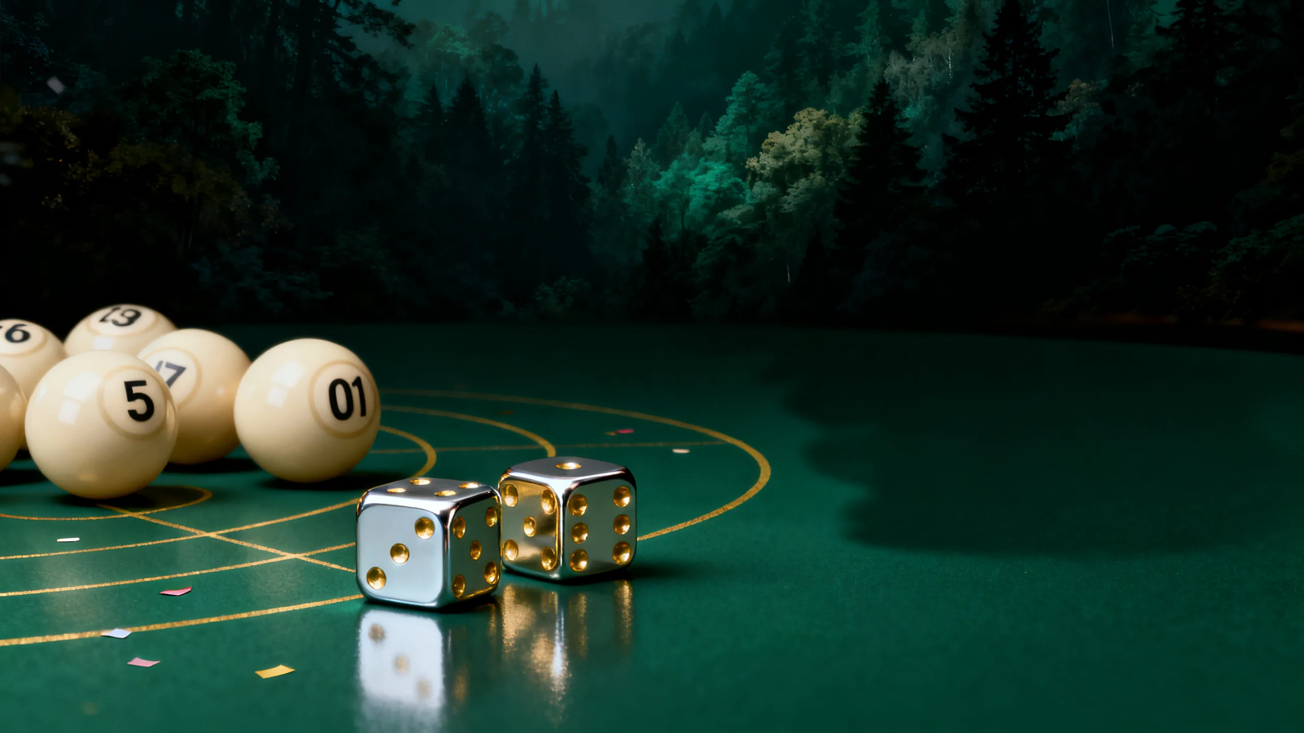 Brass dice on velvet beside a handwritten probability calculation, illustrating Greece Powerball lucky numbers against the math.